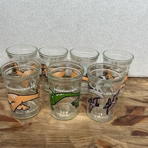 Lot Of 7 Vintage Welch's Dinosaurs Jelly Jar Glasses 1988 TRex Pteranodon Bronto